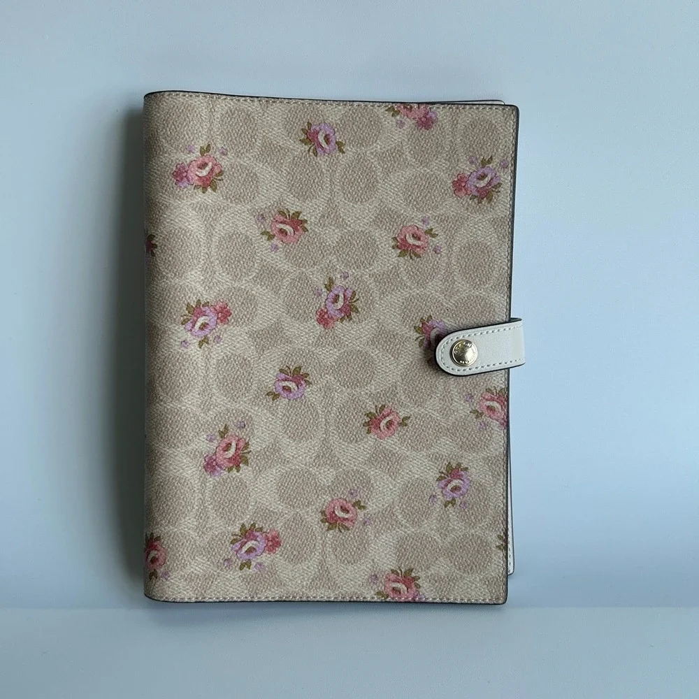 Coach Notebook Signature Canvas Floral Print Khaki Pink Leather Cover CA058